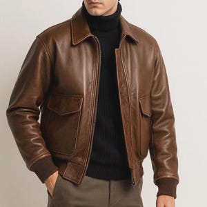 Men's Handmade Genuine Leather Bomber Jacket Aviator Coat Flight Retro Outerwear Coat