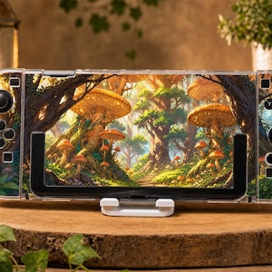Niestandardowe etui Golden Mushroom Forest do Switcha, OLED, Lite i Switcha 2, przezroczysta, twarda obudowa, słoneczna, fantazyjna skórka konsoli