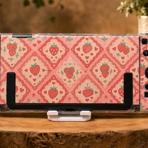 Custom Strawberry Quilt Pattern Case for Switch, OLED, Lite and Switch 2, Clear Hard Shell Cover, Cute Pink Vintage Console Skin