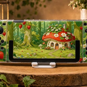 Custom Mushroom Cottage Case for Switch, OLED, Lite and Switch 2, Clear Hard Shell Cover, Whimsical Strawberry Forest Console Skin