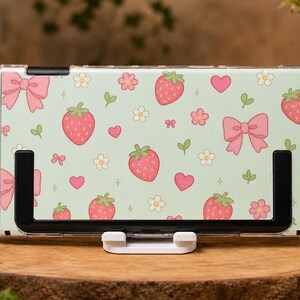 Custom Strawberry Mint Case for Switch, OLED, Lite and Switch 2, Clear Hard Shell Cover, Cute Pastel Bow Console Skin