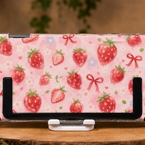 Custom Strawberry Bow Case for Switch, OLED, Lite and Switch 2, Clear Hard Shell Cover, Watercolor Fruit Console Skin