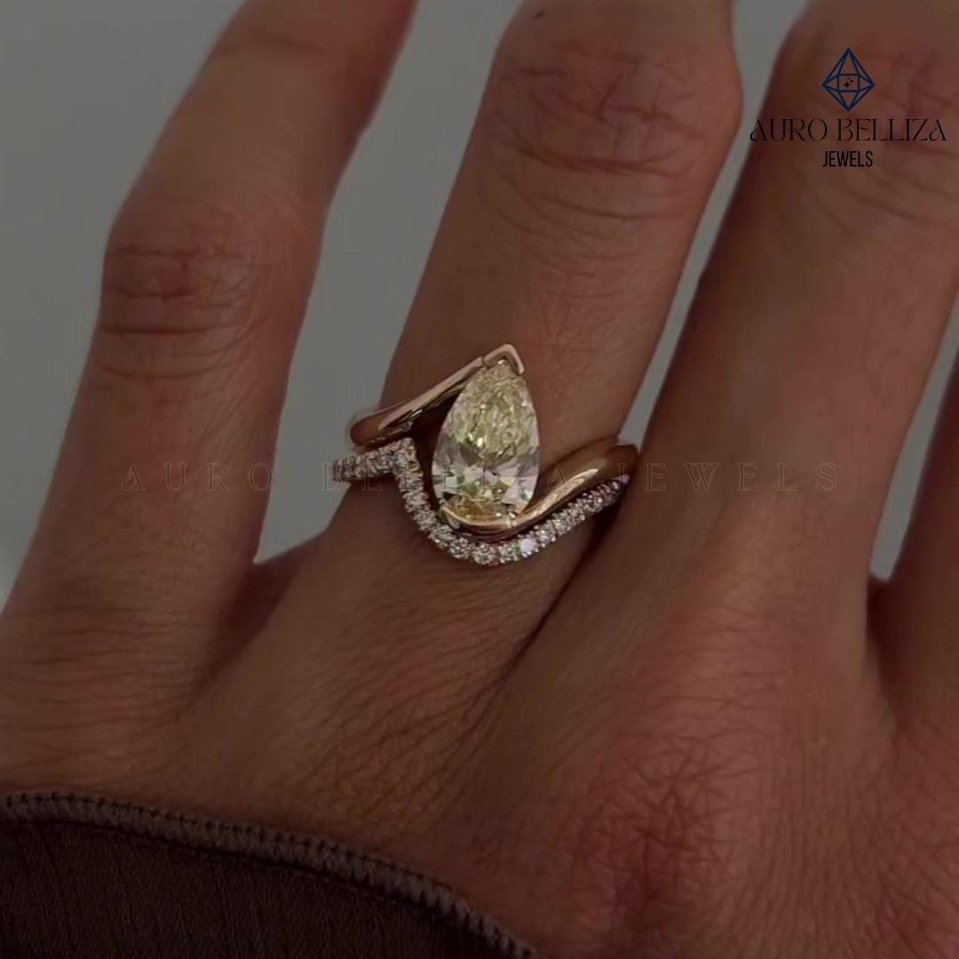 3 CT Pear Cut Champagne Yellow Moissanite Engagement Ring Set, 14K ...