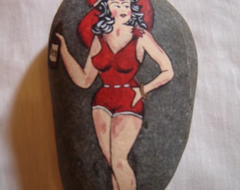 Sailor Jerry /bathing suit pin up/ tattoo painted rock