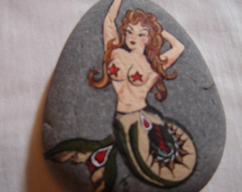 Sailor Jerry mermaid tattoo painted rock
