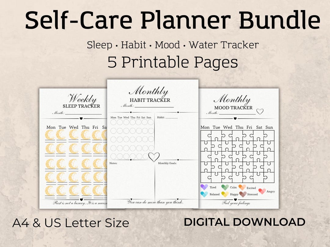 Self Care Planner Bundle Printable, Habit Tracker, Sleep Tracker, Mood ...