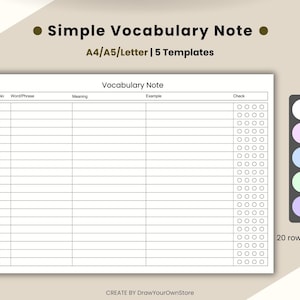 May include: A white vocabulary note template with sections for "Word/Phrase," "Meaning," and "Example." The template includes check boxes and the text "20 rows/page." The title is "Vocabulary Note."