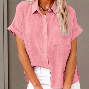 Women's Cotton Linen Shirt: Loose Fit Solid Color Button-Down Blouse pink