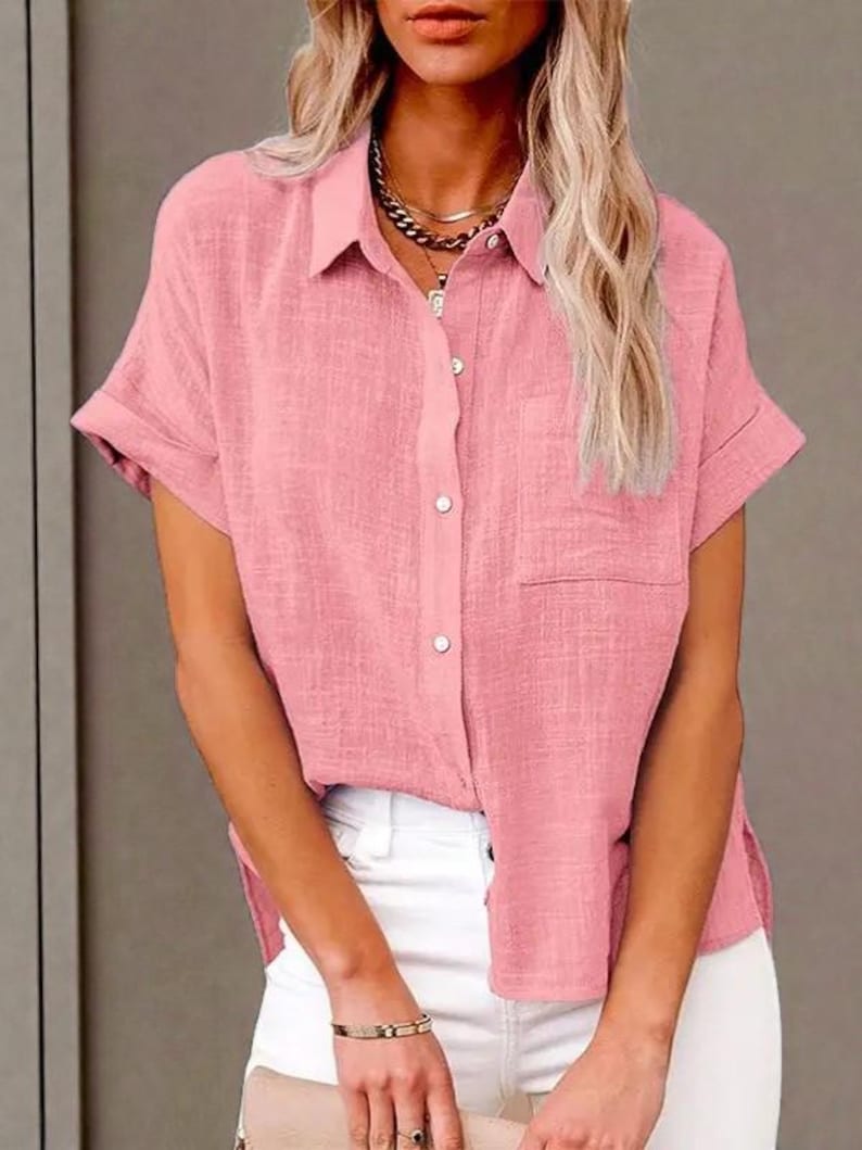 Women's Cotton Linen Shirt: Loose Fit Solid Color Button-Down Blouse pink
