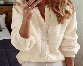 Women’s Lace Patchwork Cardigan – Long Sleeve Knitted Sweater for Fall & Winter