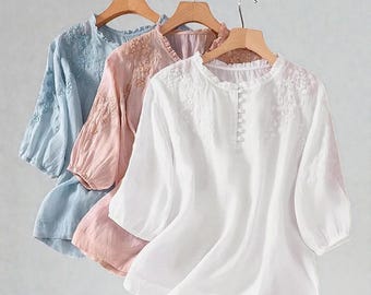 Women’s Embroidered Cotton Linen Blouse – Loose Fit Floral Casual Summer Top with Elegant Style