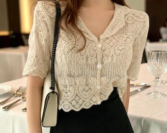 Women’s Sheer Embroidered Lace Blouse, Short Sleeve Button Front Boho Summer Cover Up