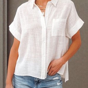 Women's Cotton Linen Shirt: Loose Fit Solid Color Button-Down Blouse white