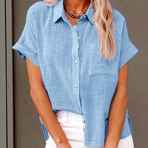 Women's Cotton Linen Shirt: Loose Fit Solid Color Button-Down Blouse sky blue