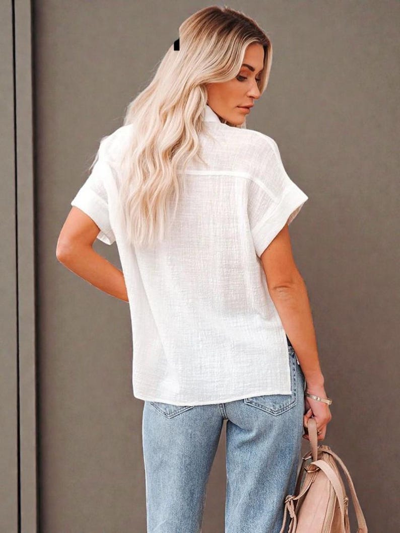 Women's Cotton Linen Shirt: Loose Fit Solid Color Button-Down Blouse image 3