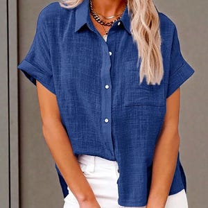 Women's Cotton Linen Shirt: Loose Fit Solid Color Button-Down Blouse