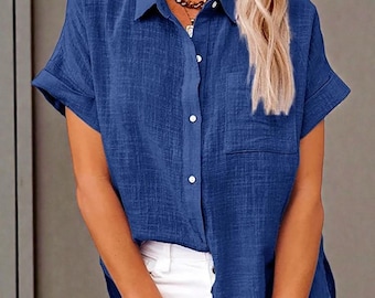 Camisa de lino y algodón para mujer: blusa holgada de color liso con botones