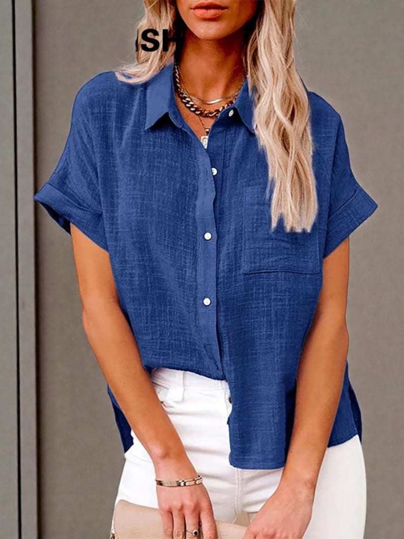 Women's Cotton Linen Shirt: Loose Fit Solid Color Button-Down Blouse blue