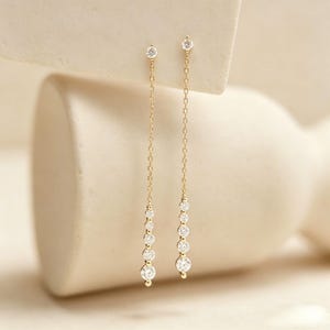 Long Gold Chain Tassel Dangle Earrings Dainty CZ Drop Linear Earrings Bridesmaid Jewelry Gift