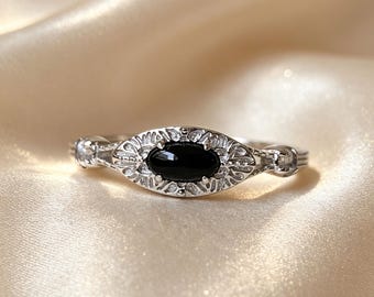 925 Sterling Silver Black Onyx Ring Dainty Vintage Filigree Stacking Ring