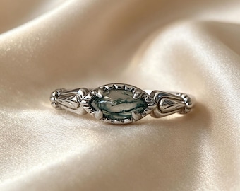 Vintage Moss Agate Ring 925 Sterling Silver Dainty Stackable Rings