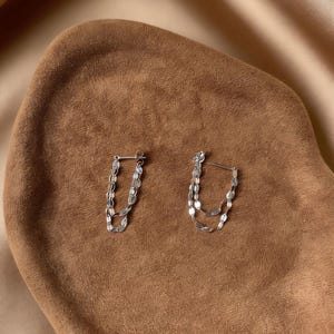 Puede incluir: Un par de pendientes de cadena plateada. Cada pendiente presenta dos delicadas cadenas de pequeños eslabones planos y ovalados. Los pendientes se muestran sobre una superficie marrón, con un fondo suave y borroso.