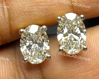 2 CTW Oval Lab Grown Diamond Stud Earrings, Solid 14K Gold Studs, Oval Brilliant Cut, IGI Certified, Anniversary Gift