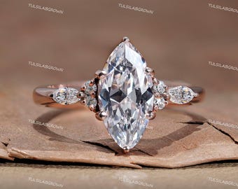 Anillo de compromiso con diamante cultivado en laboratorio talla marquesa / Anillo de boda con montura musa / Montura de seis garras / Anillo de pedida de mano de 7 piedras / Regalo para ella