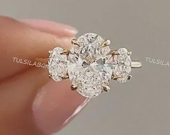3 Carat Total Oval CVD Lab-Grown Diamond Trilogy Engagement Ring, E-F/VVS2, IGI Certified, 18K Gold, Platinum