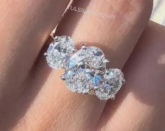4tct Oval Diamond Three Stone Engagement Past Present Future Elongated Lab-Grown Bridal Ring Gift