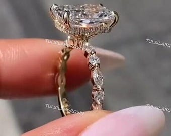 4 CT Radiant Cut Lab Grown Engagement Ring, Hidden Halo Ring 14K Gold Wedding Ring, Solitaire Ring Anniversary Rings For Women Promise Ring