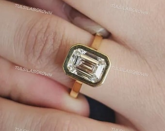 Anillo solitario con diamante cultivado en laboratorio de talla esmeralda de 3 quilates, certificado por IGI, engastado en bisel, anillo de compromiso con diamante cultivado en laboratorio de talla esmeralda engastado en bisel de oro de 14 quilates
