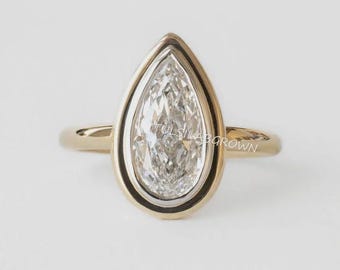Anillo solitario de diamante cultivado en laboratorio con talla pera, anillo de boda de oro auténtico de 14k, anillo de compromiso con engaste de bisel de diamante CVD, anillo de diamante con talla pera inclinada