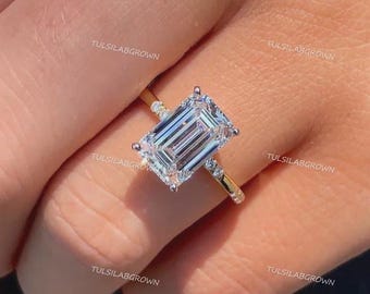 3.00 CT Emerald Cut Lab Grown Diamond Engagement Ring, Hidden Halo Wedding Ring, IGI Certified Diamonds, Anniversary/Birthday Gift For Her
