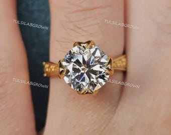 Anillo solitario de diamante cultivado en laboratorio de 3 quilates, color E-F, claridad VVS2, certificado por IGI, talla brillante redonda IDEAL, en oro amarillo de 14k con 4 puntas. ¡El mejor precio!