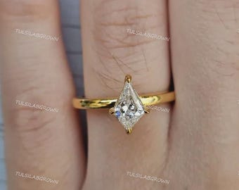 Anillo solitario con diamante cultivado en laboratorio de talla cometa engastado con garras, anillo de boda de oro auténtico de 14k, anillo de compromiso para ella, anillo de novia de diamante ecológico