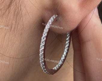 Aros de diamantes de 2,50 quilates / Aros grandes de oro de 14 quilates con interior y exterior / Aros de diamantes redondos brillantes / Regalo para ella