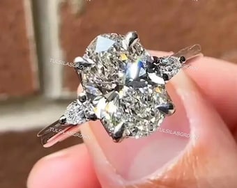 3 Carat Total IGI Certified E-F/VVS Carat Oval Cut Lab Created Three Stone Diamond Engagement Ring, Side Pear Diamonds, 10k Yellow Gold