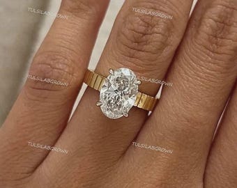 4 Carat E-F Color VVS Clarity IGI Certified Lab Grown Oval Cut Diamond Solitaire Engagement Ring, Elongated Diamond Ring, 14k Yellow Gold