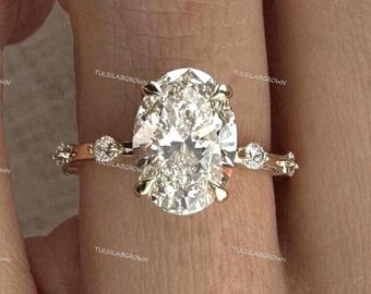 Anillo de compromiso de diamante ovalado Anillo de aniversario de diamante cultivado en laboratorio Anillo de propuesta único Muse para anillo de garra Anillo floral de tulipán oculto para mujer