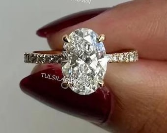 IGI Certified Oval Lab Grown Diamond Ring 14K Gold Hidden Halo with Pavé Eternity Band, Elegant Wedding Proposal Ring, Timeless Jewelry Gift