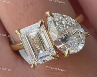 3.50 Ct Toi Et Moi Lab Grown Diamond Ring 14K Gold Two Stone Engagement Ring, Romantic Bridal Wedding Ring, Eco Friendly Jewellery Gift
