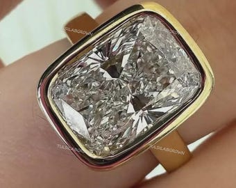 Anillo de compromiso solitario con diamante cultivado en laboratorio de talla cojín de 2,00 quilates engastado en bisel / Anillo de boda bicolor / Anillo de aniversario para ella / Anillo llamativo