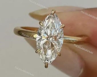 3 Carat Marquise Lab Grown Diamond Marquise Band Engagement Ring /E-F VVS-VS1 Diamond IGI Certified / Dainty Thin Band Bezel Set Diamonds