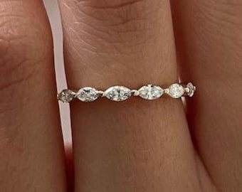 Marquise Lab Grown Diamond Wedding Band 14K Gold Half Eternity Ring, Thin Minimalist Matching Band, Elegant Bridal Jewellery Gift for Her