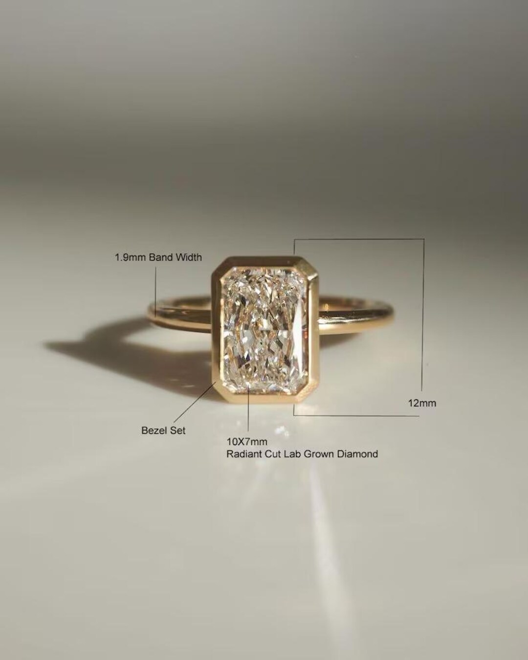14k Yellow Gold Radiant Cut Lab Grown Diamond, Engagement Ring, Bezel ...