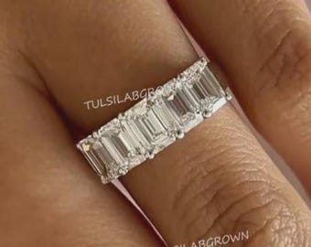 Emerald Cut Diamond Half Eternity Ring 14K Solid Gold Five Stone Stackable Wedding Band, Elegant Anniversary Bridal Jewelry Gift for Her