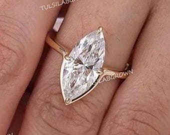 3 Ct Marquise Lab Grown Diamond Ring 14K Gold Curved IGI Certified Solitaire Ring, Elegant Wedding Proposal Ring, Timeless Jewellery Gift