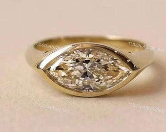 2ct Pear Lab Grown Diamond Ring, 18k Yellow Gold Bezel Set East West Solitaire Chunky Gold Dome Pinky Christmas Gift for Her