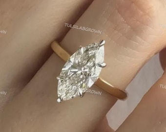 2 Carat Marquise Cut Lab Grown Diamond Engagement Ring / IGI Certified E-F-VVS2 / Solitaire Hidden Halo / Thin 14k Yellow Gold Band